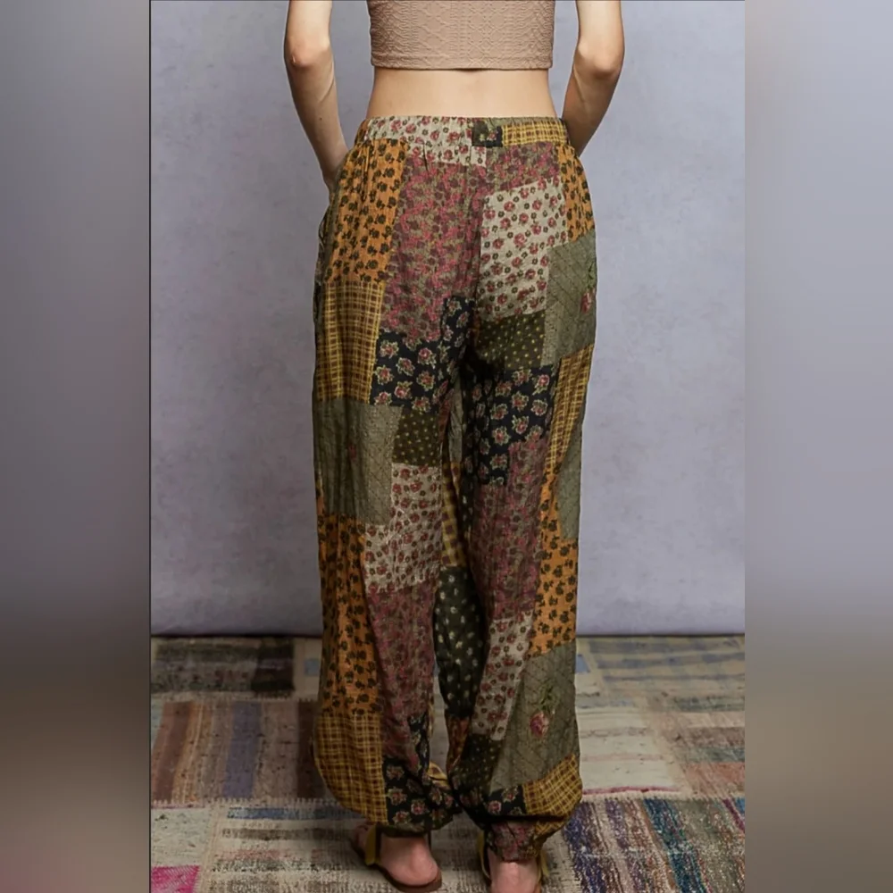 #1089 POL Patchwork Floral Boho Jogger Pants - Picture 3 of 5